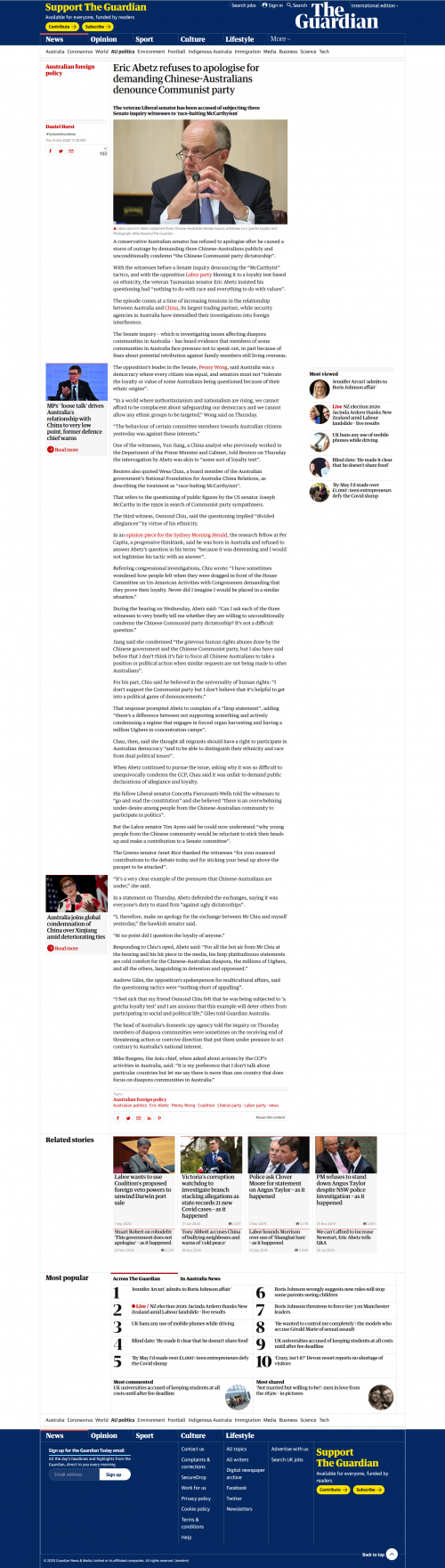 Screenshot 2020 10 17 Eric Abetz refuses to apologise for demanding Chinese Australians denounce Com