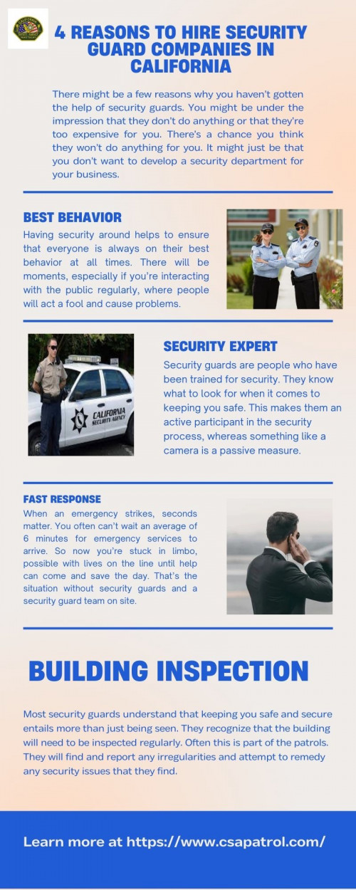 Our team receives full training and certification in dealing with matters regarding homeland security, local and state legislation and law enforcement, and even first aid and training. Our personnel is fully licensed to perform their duties by the State of California Bureau of Security and Investigation Services. For more detail click here https://www.csapatrol.com/