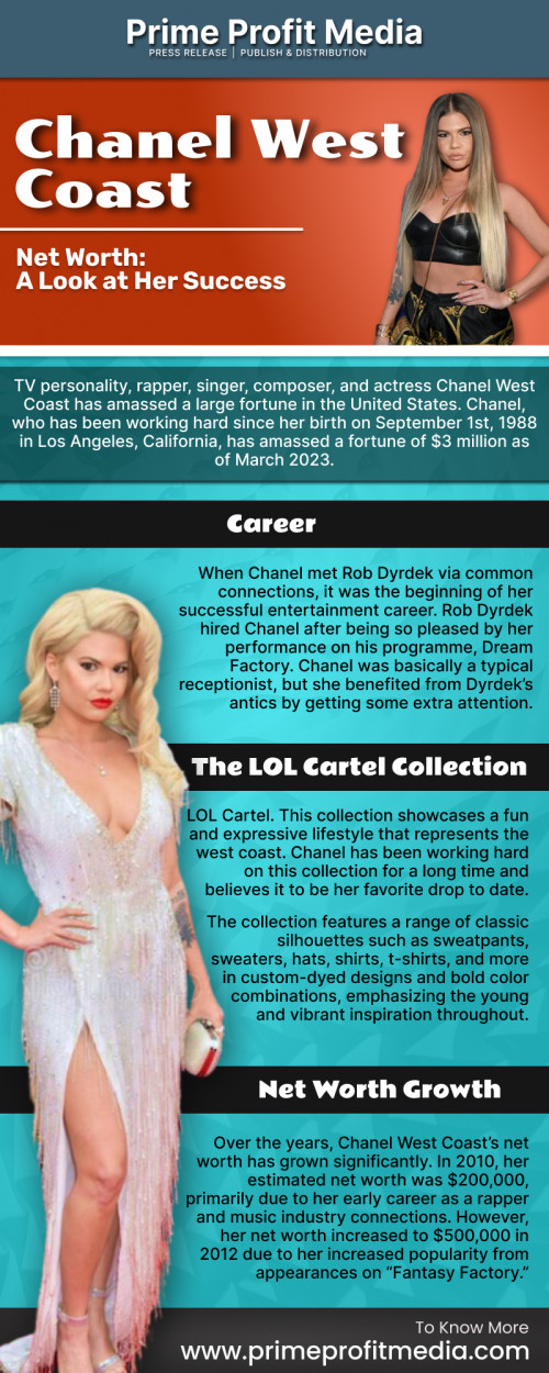 TV personality, rapper, singer, composer, and actress Chanel West Coast has amassed a large fortune in the United States. Chanel, who has been working hard since her birth on September 1st, 1988 in Los Angeles, California, has amassed a fortune of $3 million as of March 2023.

Source:https://primeprofitmedia.com/article/chanel-west-coast-net-worth/
