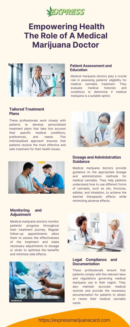 Medical marijuana doctors play a crucial role in assessing patients' eligibility for medical cannabis treatment. They evaluate medical histories and conditions to determine if medical marijuana is a suitable option. Furthermore, they educate patients about the potential benefits and risks associated with using medical cannabis, ensuring informed decision-making. Visit our website: https://expressmarijuanacard.com