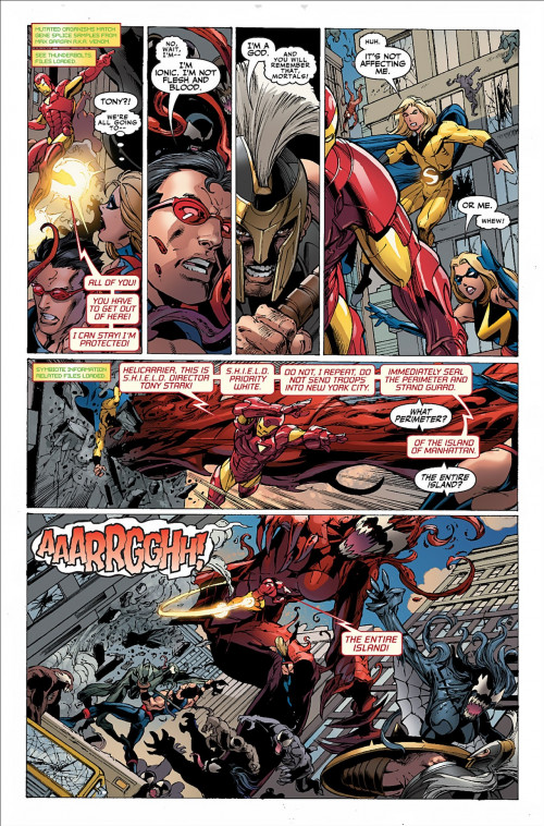 Dodges a blow from giant Symbiote Wasp, which hits the Sentry -The Mighty Avengers issue #8