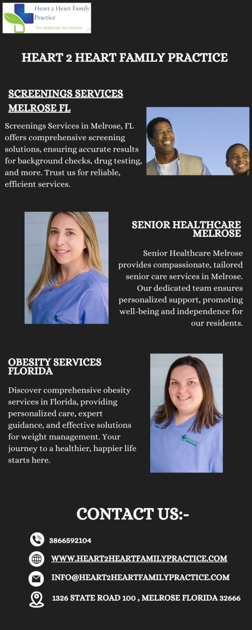 For comprehensive screening services in Melrose, FL, rely on our expert team for thorough and efficient solutions. Our keyword-rich offerings include background checks, drug testing, and employment screenings, ensuring a secure and trustworthy process. With precision and confidentiality, we prioritise your safety and peace of mind. Trust us for reliable screening services tailored to your needs in Melrose, FL. Experience the assurance of thorough screenings with our dedicated professionals.

Visit here:- https://www.heart2heartfamilypractice.com/men-s-health