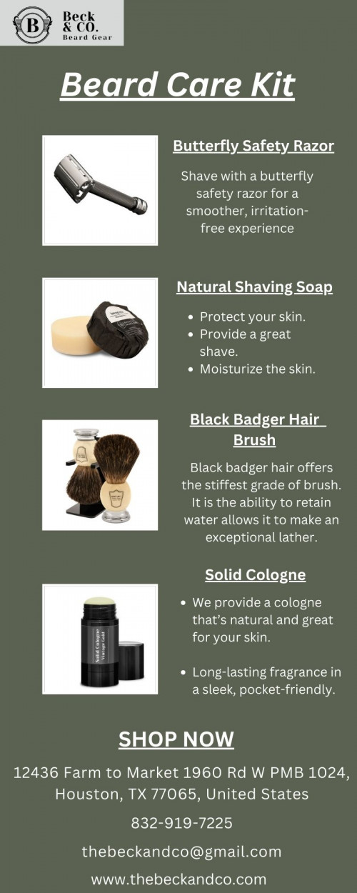 Enhance your grooming routine with our beard care kit. From beard oils and balms to brushes and combs, our collection of high-quality products will help you maintain a soft, nourished, and beautifully styled beard. Order a beard kit today!

Visit: https://www.thebeckandco.com/kits
