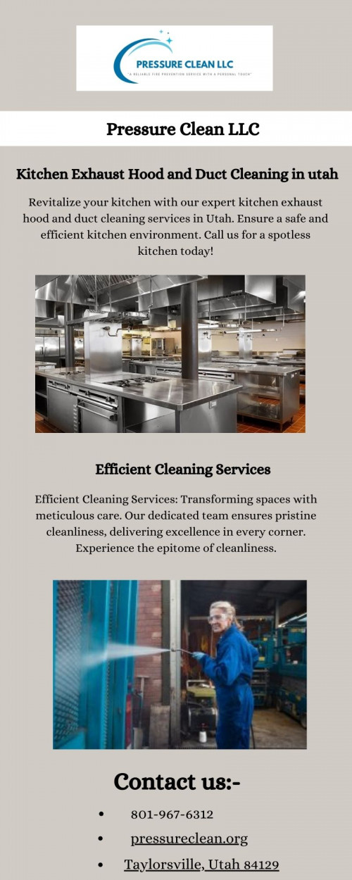 Elevate your kitchen's safety and cleanliness with our top-notch Kitchen Exhaust Hood and Duct Cleaning services in Utah. Our skilled professionals ensure thorough removal of grease, grime, and contaminants, enhancing ventilation efficiency and fire prevention. Trust us for a spotless, compliant kitchen environment that prioritizes safety and hygiene.

Visit here:- https://pressureclean.org/