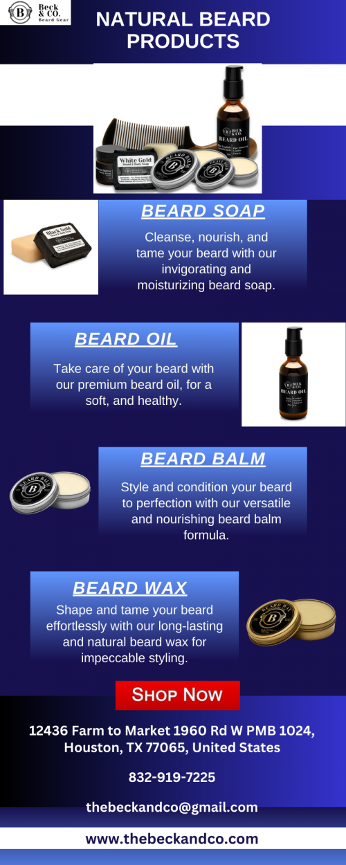 Get a better grooming routine with our premium selection of natural beard products. Beck & Co. Beard Gear offers a range of meticulously crafted beard oils, balms, and grooming tools that are designed to nourish and enhance the health of your beard. Our all-natural formulas, infused with carefully selected ingredients, will help you achieve a soft, lustrous, and well-groomed beard, while promoting healthy hair growth. Shop now!

Visit: https://www.thebeckandco.com/