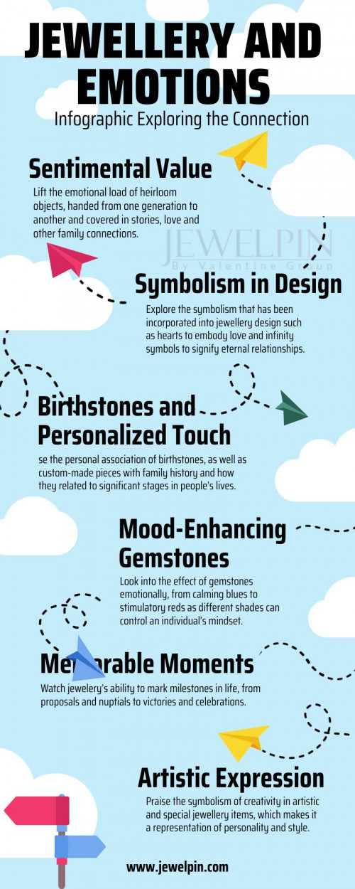 A sentimental trip through our mesmerizing infographic showcasing the deep significance of jewellery and emotions. Explore how different pieces have the power to evoke feelings and memories, transcending the tangible to embrace the intangible.
1. Sentimental Value: Lift the emotional load of heirloom objects, handed from one generation to another and covered in stories, love and other family connections.
2. Symbolism in Design: Explore the symbolism that has been incorporated into jewellery design such as hearts to embody love and infinity symbols to signify eternal relationships.
3. Birthstones and Personalized Touch: Use the personal association of birthstones, as well as custom-made pieces with family history and how they related to significant stages in people’s lives.
4. Mood-Enhancing Gemstones: Look into the effect of gemstones emotionally, from calming blues to stimulatory reds as different shades can control an individual’s mindset.
5. Memorable Moments: Watch jewellery’s ability to mark milestones in life, from proposals and nuptials to victories and celebrations.
6. Artistic Expression: Praise the symbolism of creativity in artistic and special jewellery items, which makes it a representation of personality and style.
While moving on this emotional surface, seek the rich stories of Zodic Sign gemstone jewellery and find there. However, if you are among those looking for some way of translating these emotions into a physical expression, JewelPin waits as your leading manufacturer of bulk-jewellery that will speak to sentiment and sensibility


For More Information-: https://www.jewelpin.com/blog/gemstone-jewelry-that-compliments-your-zodiac-sign.html