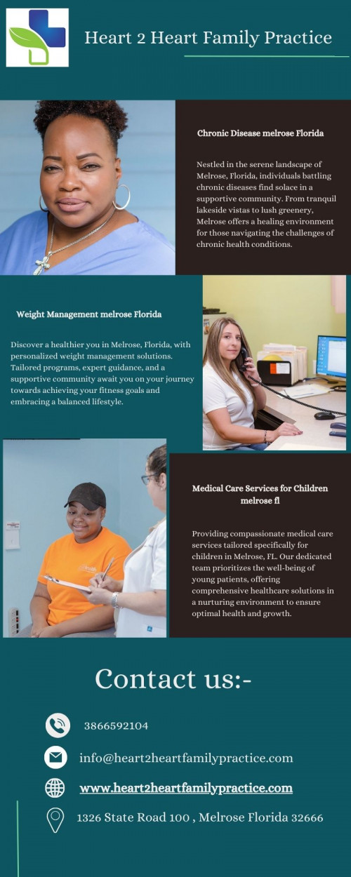 In Melrose, Florida, our medical facility specialises in compassionate care for children with chronic diseases. With a focus on holistic wellness, our dedicated team offers personalised treatment plans to manage conditions effectively. From ongoing support to advanced therapies, we are committed to enhancing the quality of life for young patients and their families facing chronic health challenges.

Visit here:- https://www.heart2heartfamilypractice.com/women-s-health-1