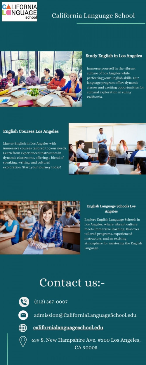Immerse yourself in the vibrant tapestry of language and culture by studying English in the heart of Los Angeles. Our tailored programs blend dynamic classroom instruction with real-world experiences, allowing you to explore the city's diverse neighbourhoods while honing your language skills. Join our community of learners and discover the excitement of mastering English amidst the backdrop of sunny California.

Visit here:- https://californialanguageschool.edu/english-courses/