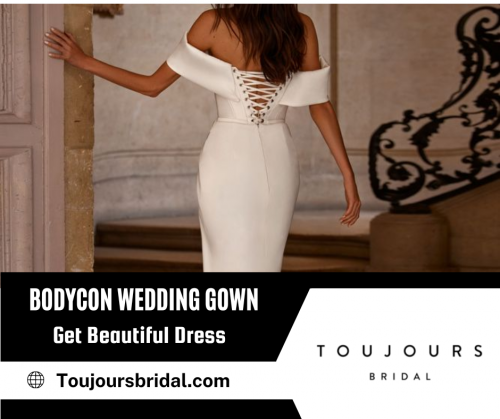 Shop our chic sheath bodycon wedding gown in ivory with a heart-shaped corset, lace-up closure on the back, and detachable off-the-shoulder sleeves dress collection of exclusive, customized, and handmade gowns. Send us an email at info@toujoursbridal.com for more details.