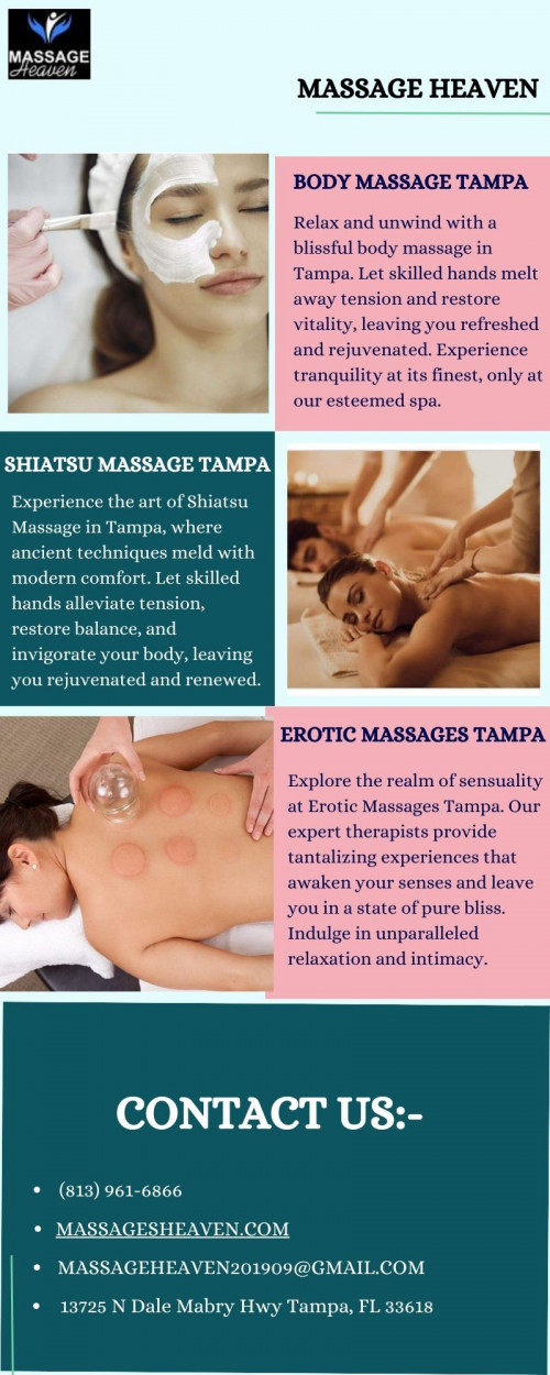 Relax and rejuvenate with a soothing session of body massage in Tampa. Let skilled hands melt away tension, leaving you refreshed and revitalised. Unwind as expert therapists work through knots and stress points, promoting deep relaxation and improved circulation. Treat yourself to a tranquil escape and discover the ultimate contentment that comes from a blissful massage experience in Tampa.

Visit here:- https://massagesheaven.com/appointment/