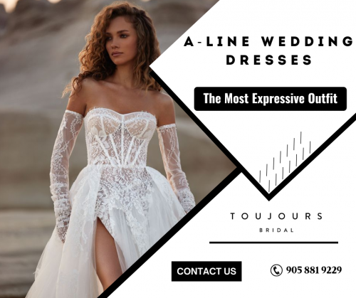 Semi-transparent A-line wedding gown with lace-up closure and detachable off-the-shoulder sleeve. Our gown is lavishly stern with floral lace applique and comes with built-in or detached underskirt. Send us an email at info@toujoursbridal.com for more details.