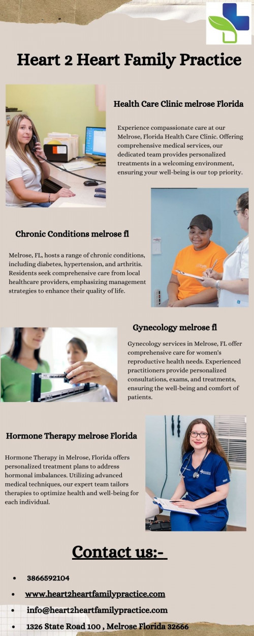 Located in picturesque Melrose, Florida, our Health Care Clinic offers comprehensive medical services tailored to your needs. Our team of dedicated healthcare professionals is committed to providing personalised care in a welcoming environment. From preventive screenings to specialised treatments, we prioritise your well-being. Experience compassionate healthcare close to home at our Melrose Clinic.

Visit here:- https://www.heart2heartfamilypractice.com/