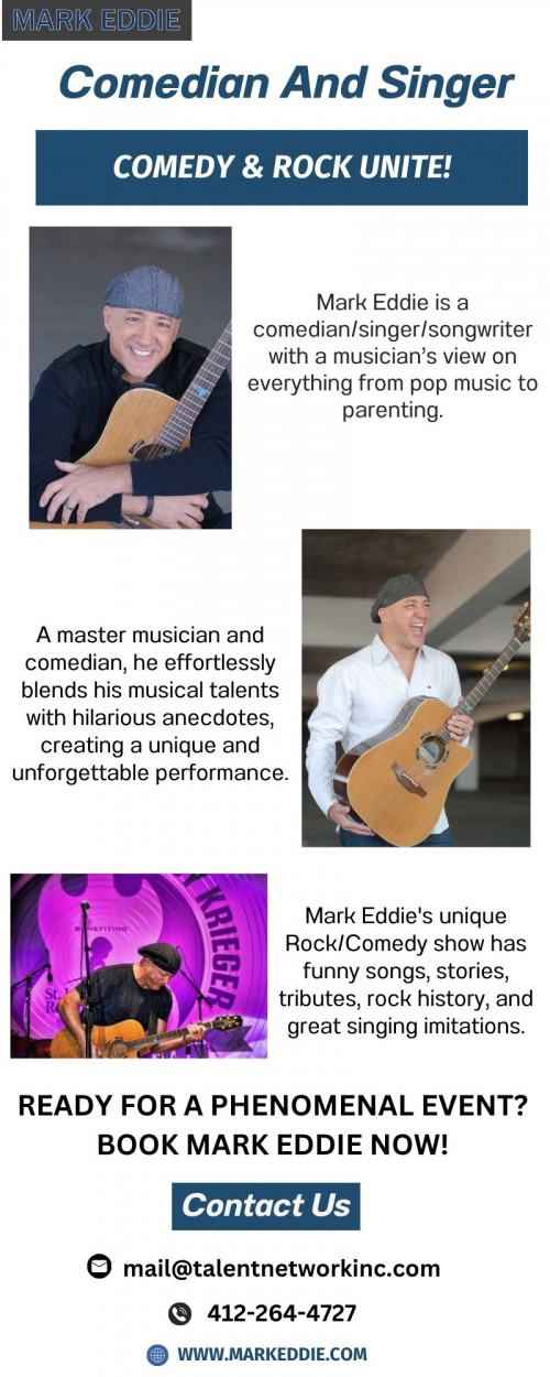 Mark Eddie, a versatile comedian and singer, brings both talent and laughs to every performance. With his witty humor and musical talent, Mark delivers unforgettable performances that leave audiences laughing and singing along. Don't miss the ultimate entertainment experience with Mark Eddie. Contact now!

Visit here: https://markeddie.com/