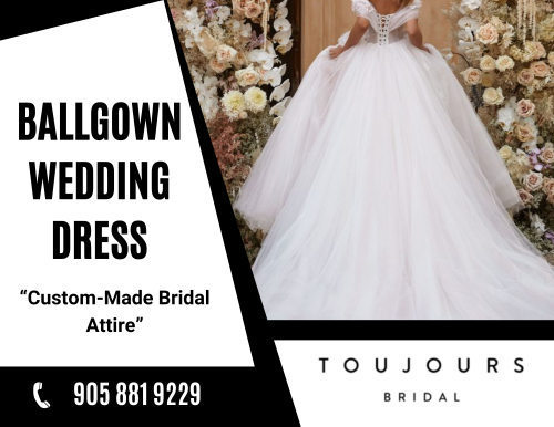 Customize your dream dress, a tulle ballgown with off-the-shoulder sleeves, featuring a draped tulle bodice adorned with handcrafted 3D flowers, a lace-up or zipper back closure, and a lengthy train. Send us an email at info@toujoursbridal.com for more details.