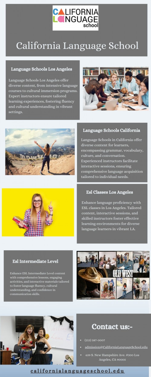 Explore a vibrant array of Language Schools in Los Angeles, each offering tailored content to suit diverse linguistic goals. From immersive cultural experiences to interactive classes, these schools provide dynamic learning environments for mastering languages. Whether you seek fluency in Spanish, French, Mandarin, or beyond, unlock the richness of language through engaging content curated for every learner's journey in the heart of LA.

Visit here:- https://californialanguageschool.edu/