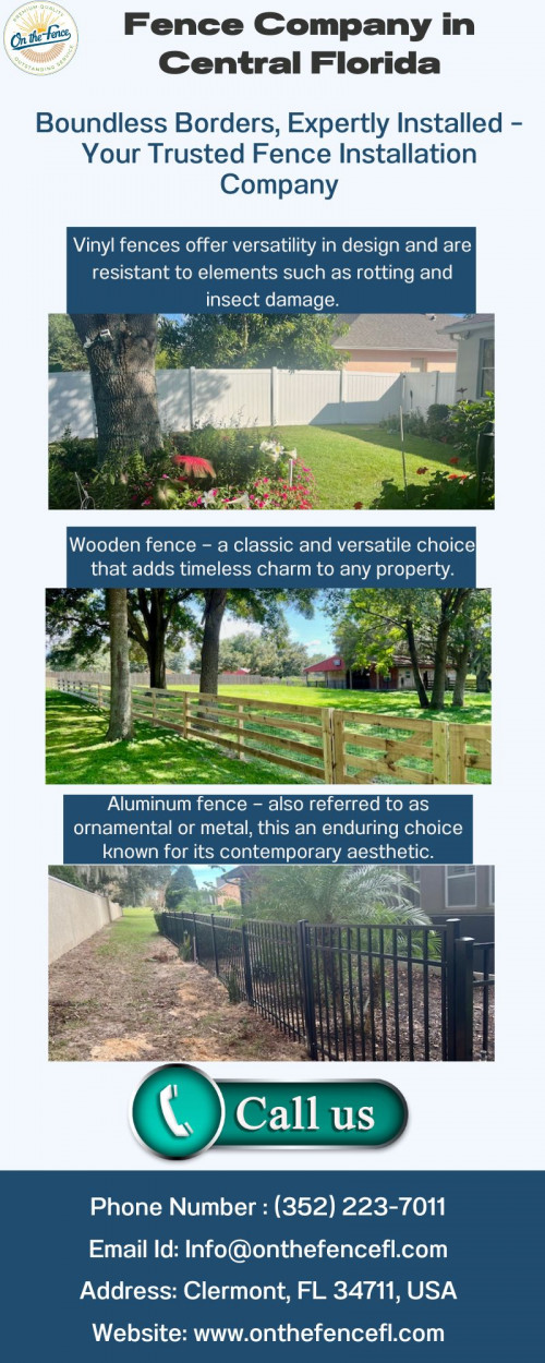 On The Fence is a leading fence company in Central Florida, offering high-quality fencing solutions to enhance the beauty and security of your property. With a commitment to excellence and customer satisfaction, trust us to deliver exceptional results for all your fencing needs. For more details, visit our website.

Visit: https://onthefencefl.com/