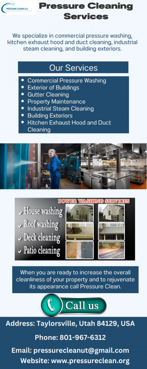Pressure Clean, LLC offers professional pressure cleaning services that will restore the beauty of your home or business. Our experienced team uses top-of-the-line equipment to provide thorough and efficient cleaning, leaving your property looking fresh and well-maintained. Contact us for more information.

Visit: https://pressureclean.org/