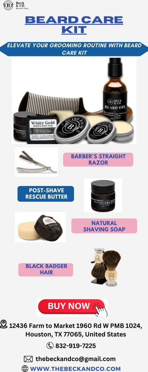 Beck & Co. Beard Gear offers a beard care kit that includes premium products designed to nurture, condition, and style your beard. From beard oils to balms, our kit has everything you need to maintain a healthy and well-groomed beard. Buy now!

Visit: https://www.thebeckandco.com/kits
