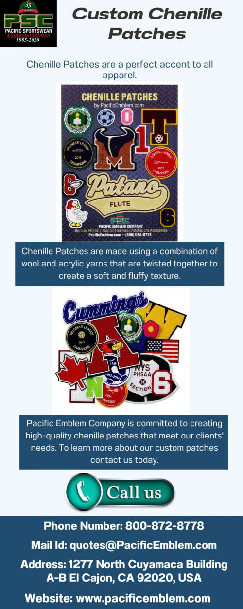 Pacific Emblem Company offers high-quality custom chenille patches that allow you to express your individuality and stand out from the crowd. With our expert craftsmanship and attention to detail, you can create personalized patches that truly make a statement. To learn more, contact us today!

Visit: https://pacificemblem.com/products/custom-patches/chenille-patches/